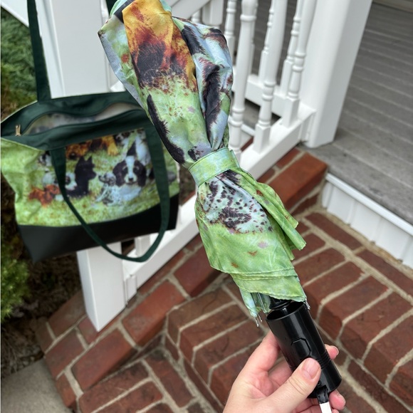 Puppy Print Waterproof Tote Bag with Forest Green Accents and Matching Umbrella - Picture 4 of 5